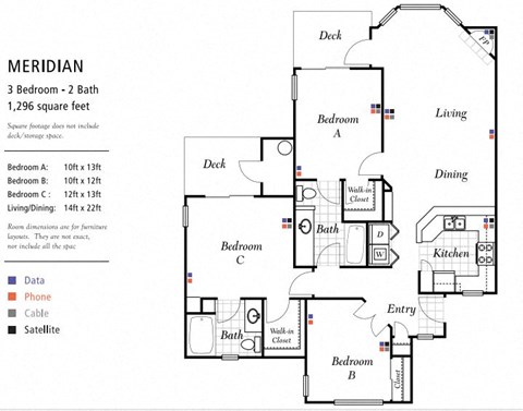 Floor plan for 3 beds, 2 baths, 1296 sqft
